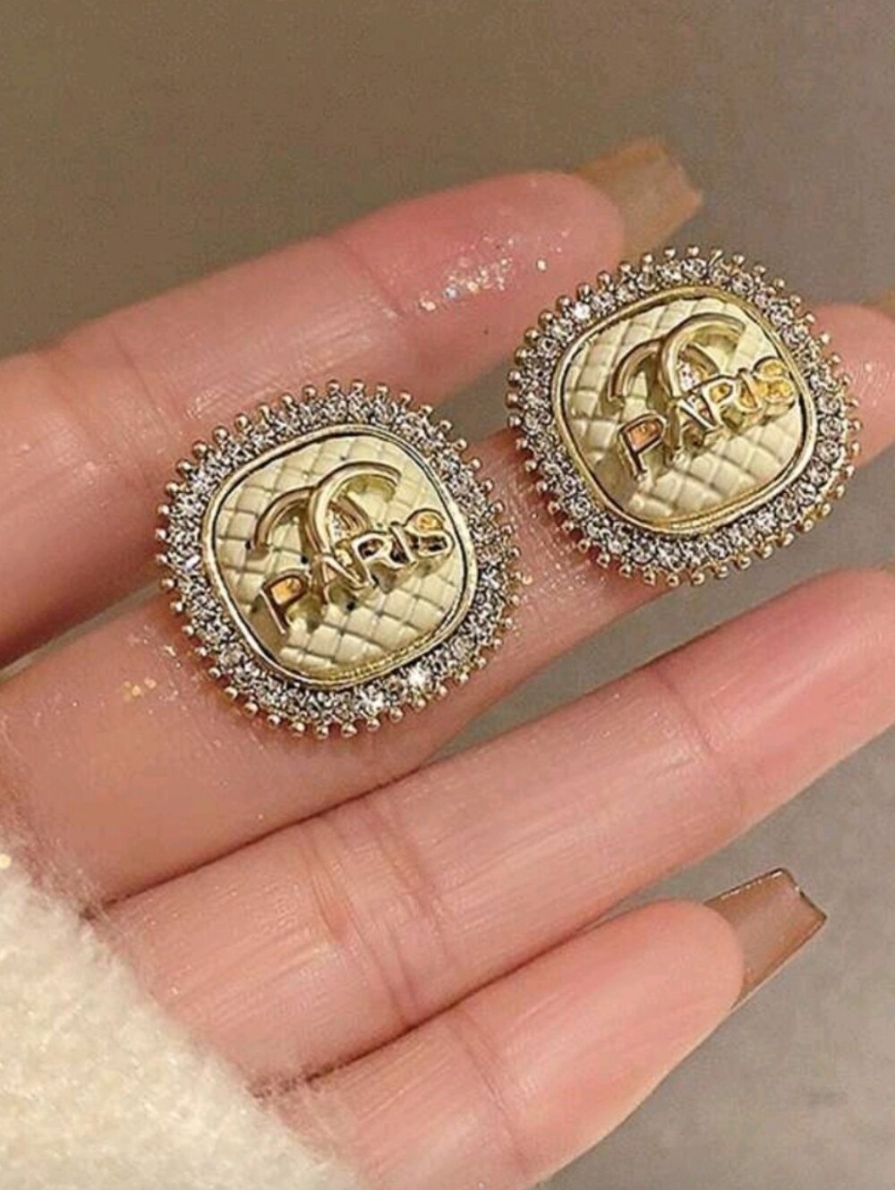 CC Boutique Gold Quilted Paris Logo Crystal Halo Stud Earrings
